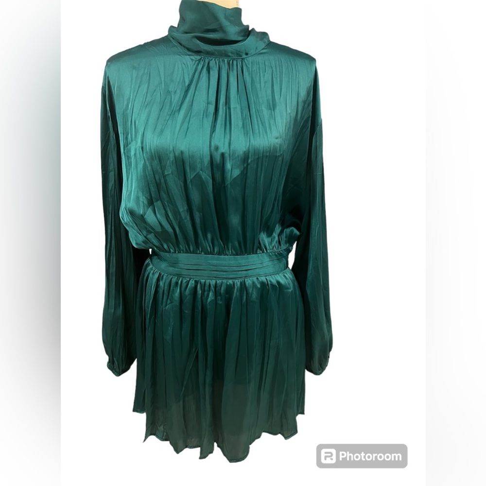 NWT. Zara Duck Blue Satin Effect Wrinkled Mini Dress. Size XL.